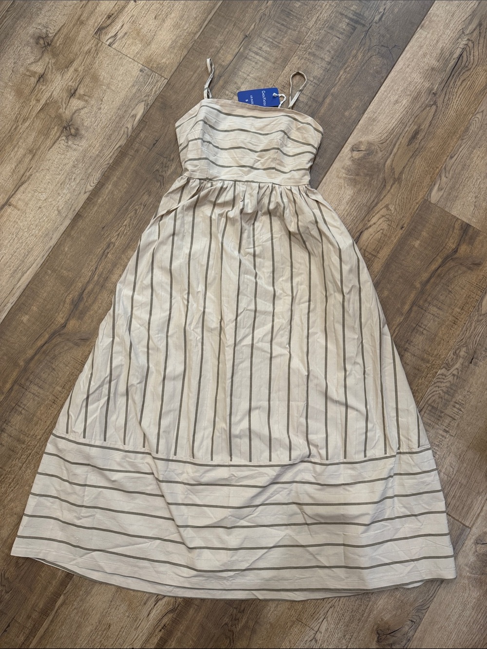 Striped Beige Midi Dress with Spaghetti Straps